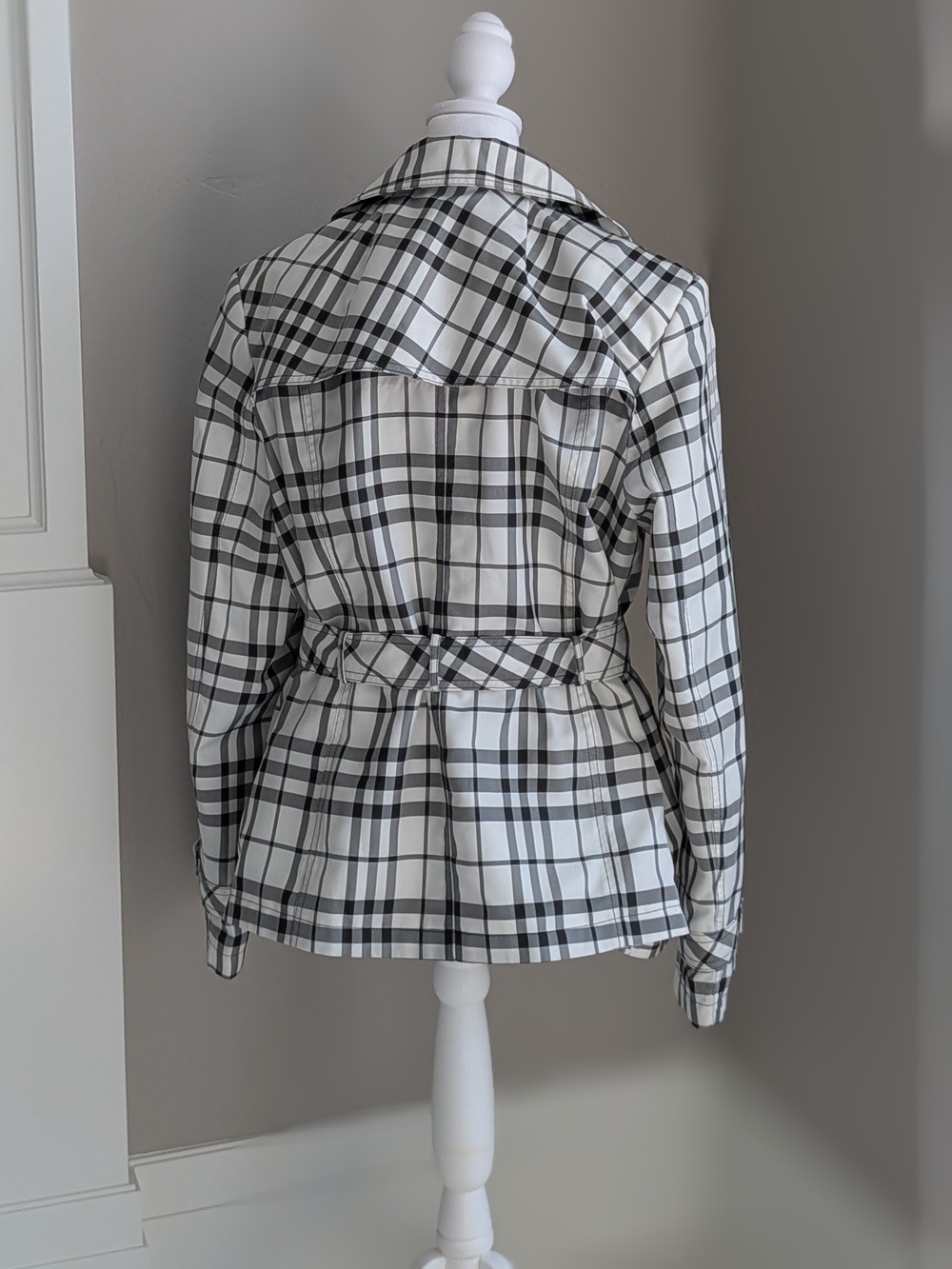 giacca Black & White Plaid Double-Breasted  Trench Style Rain Coat & Windbreaker - Picture 2 of 15